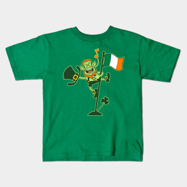 Saint Patrick's Day Leprechaun climbing an Irish flag pole and singing Kids T-Shirt by zooco